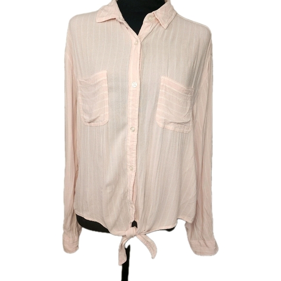 SO Tops - So Women's Sz L Pink And White Striped Tie Front Button Front Collared Blouse